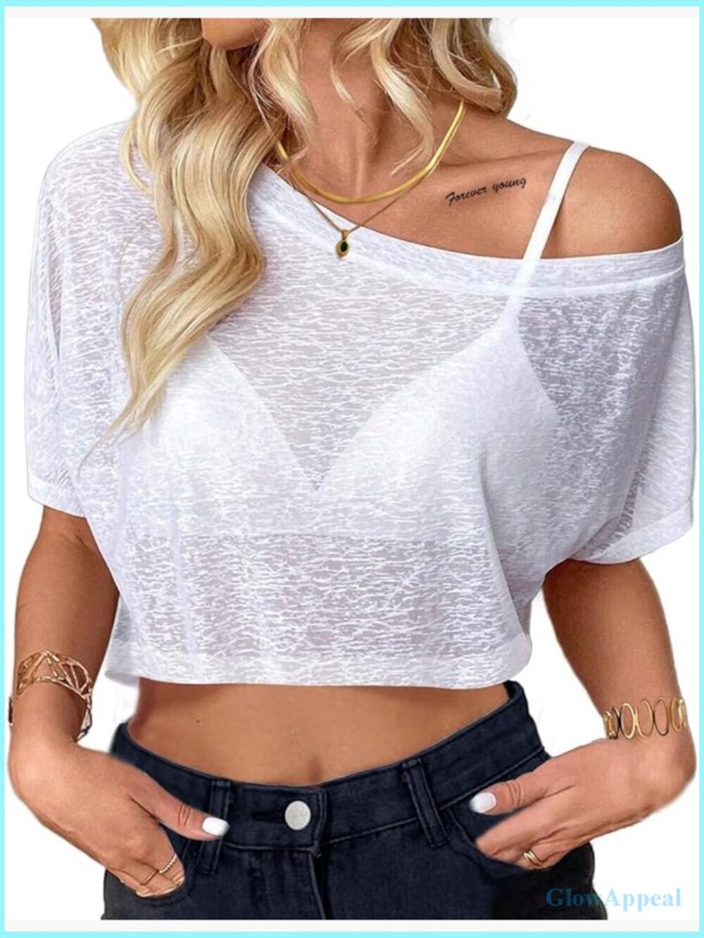 Off the Shoulder Mesh Crop Top Short Sleeve Sheer Tee